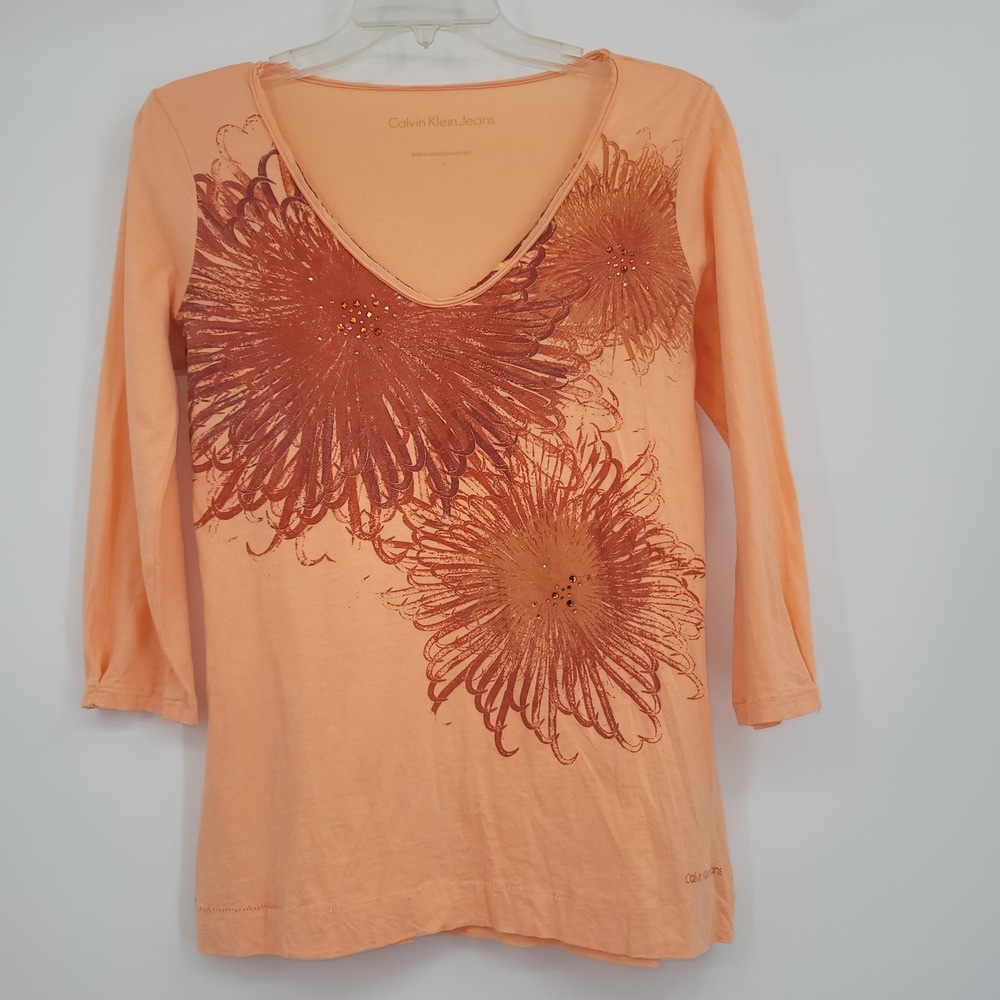 Calvin Klein Jeans Graphic Women's V Neck Artsy Casual Top M Rhinestones Y2K 90s
